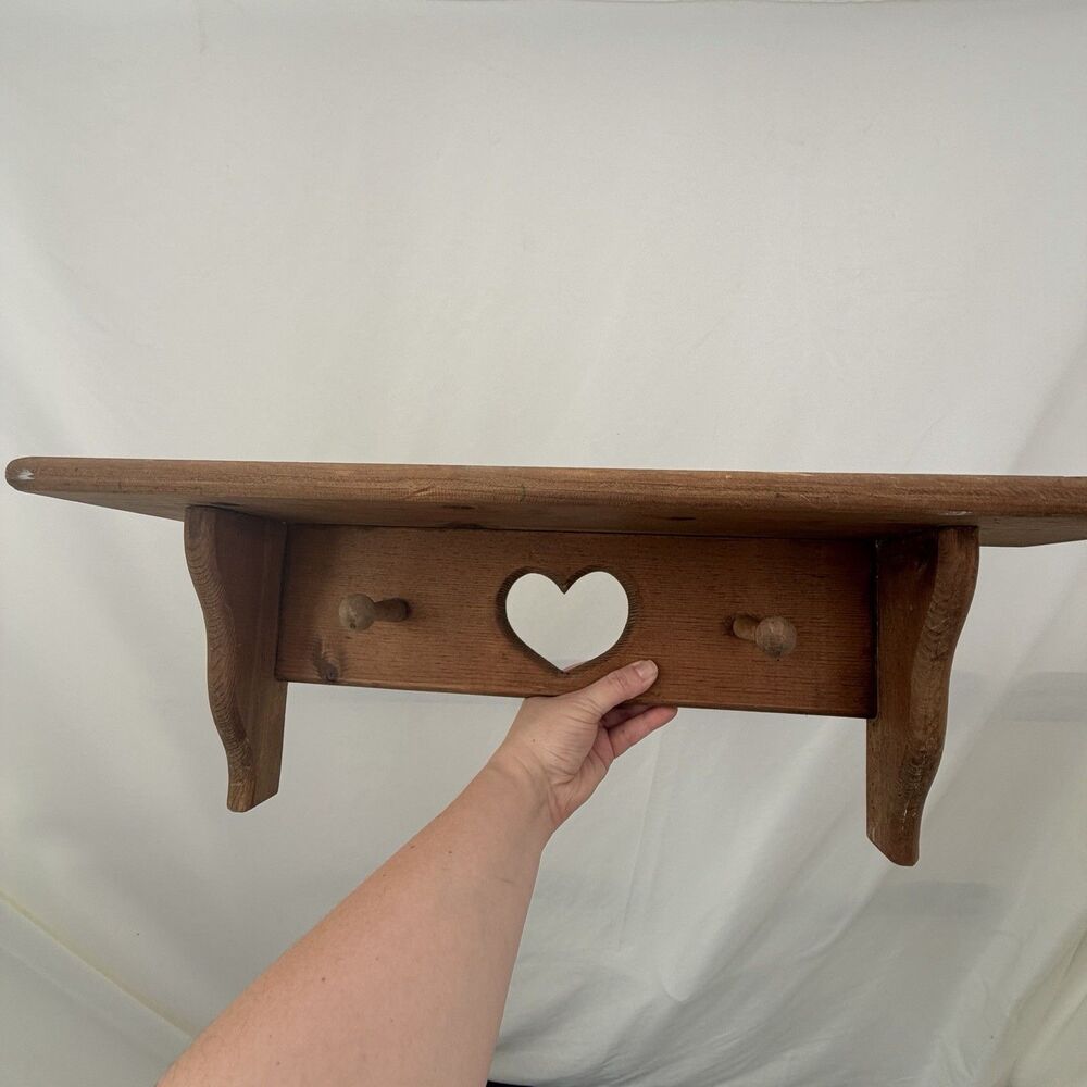 Wooden 23” Cottagecore Heart Hanging Trinket Wall Shelf w Pegs Grandmacore VTG - Picture 9 of 9